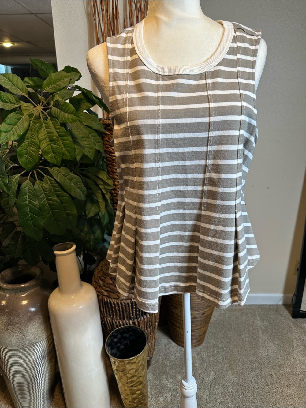 Sleeveless Striped Peplum Top - Taupe & White